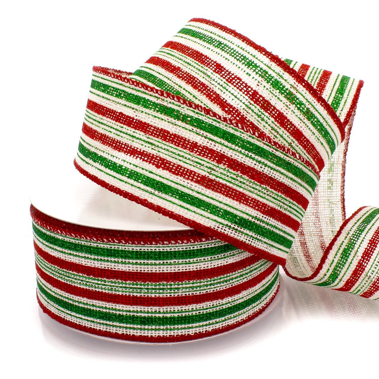 2 1/2" Wired Ribbon Christmas Red/Green/White Stripes Burlap - 10 Yards